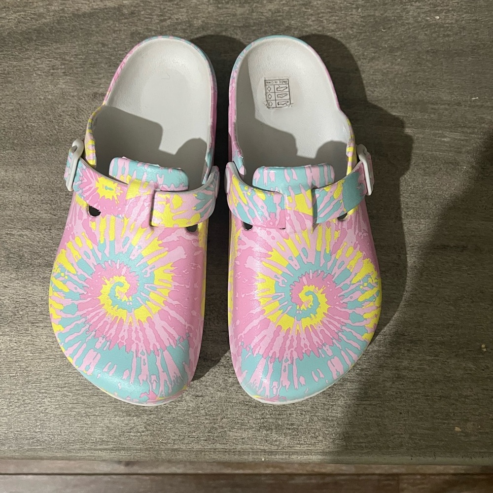 SHEIN Pink and Yellow Tie-Dye Mules